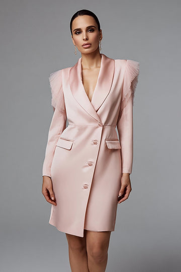 Robe de travail midi en satin rose fourreau châle revers